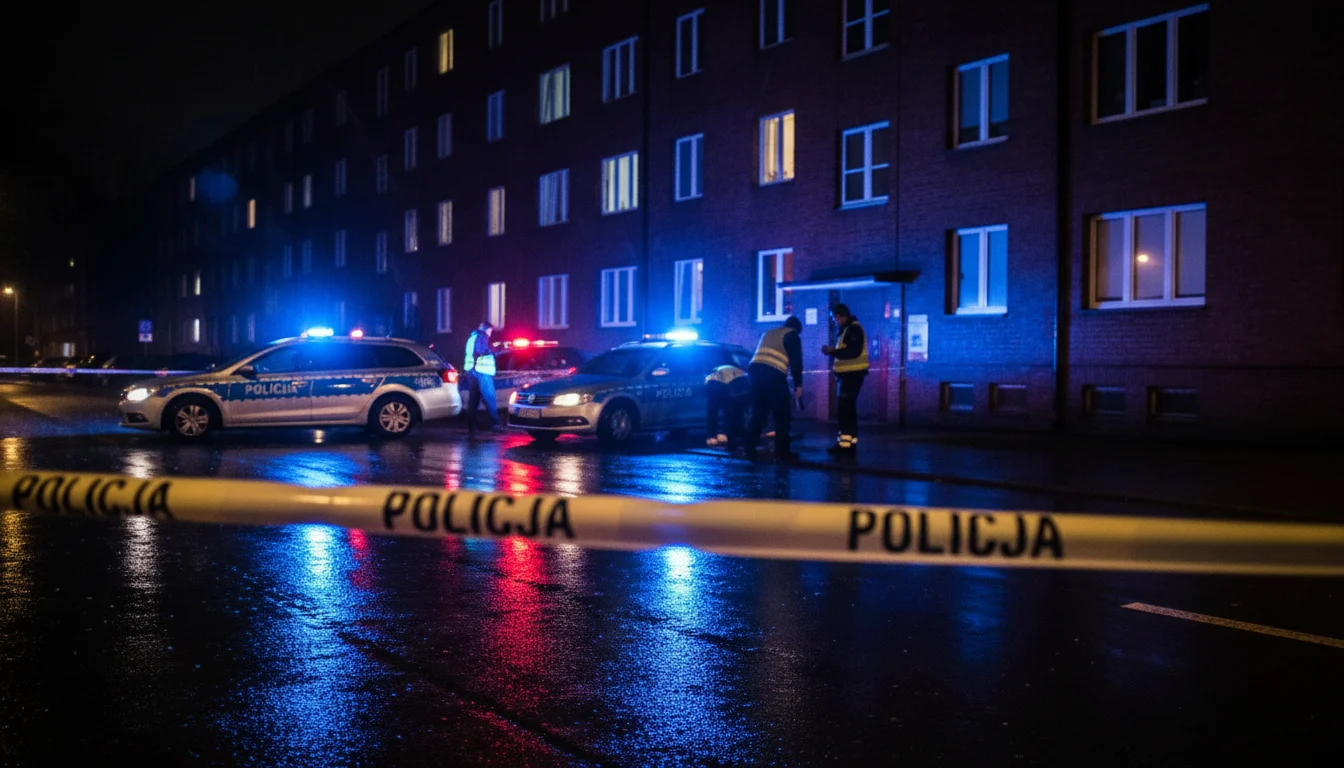 Policyjna taśma z napisem POLICJA, radiowozy z włączonymi sygnałami świetlnymi i sylwetki śledczych na mokrym asfalcie przed blokiem mieszkalnym w Białej Podlaskiej nocą.