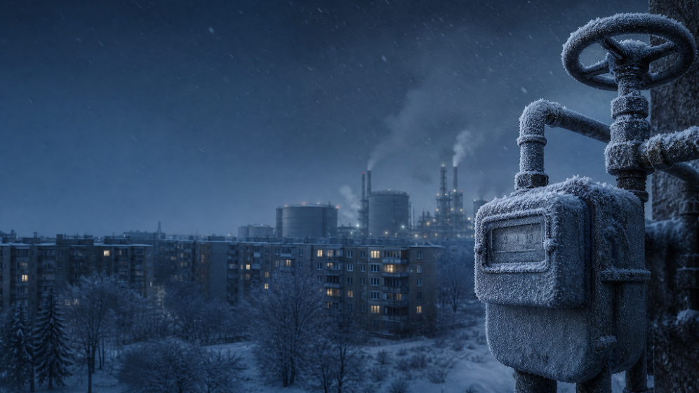 Zaśnieżone osiedle mieszkaniowe i zamarznięty gazomierz na tle infrastruktury energetycznej, symbolizujące ryzyko drogiej zimy i wzrostu cen energii w Polsce.