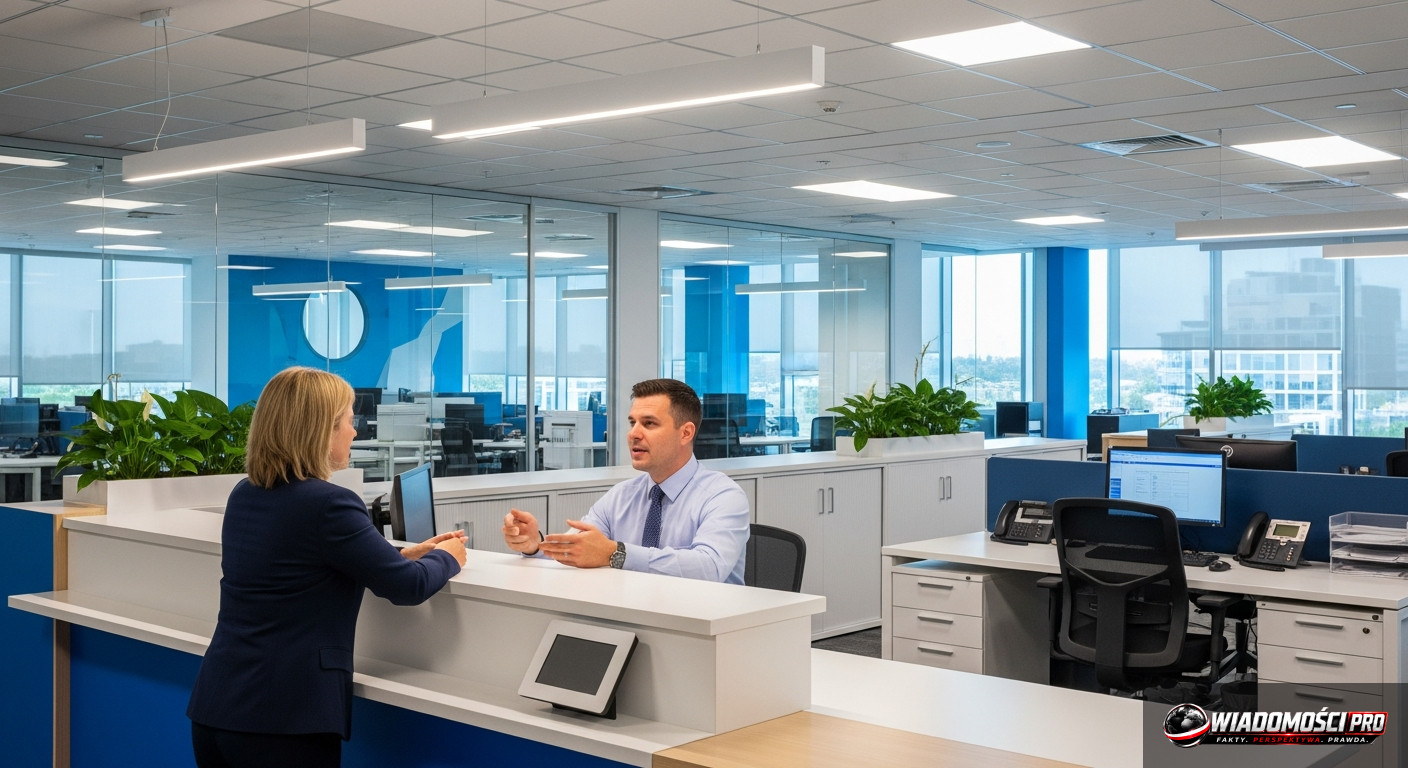 Interior of a modern vehicle registration office – fast service at the desk.