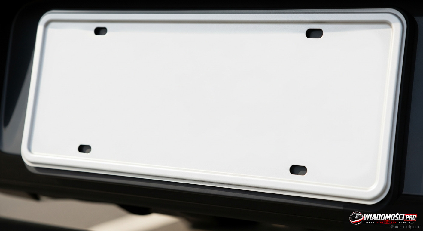 Close-up of a car license plate in an office parking lot.
