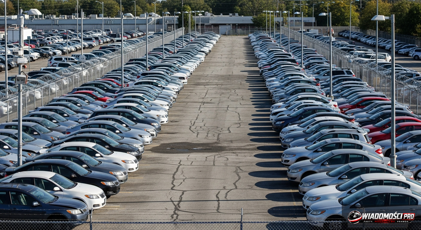Guarded parking lot with towed vehicles.