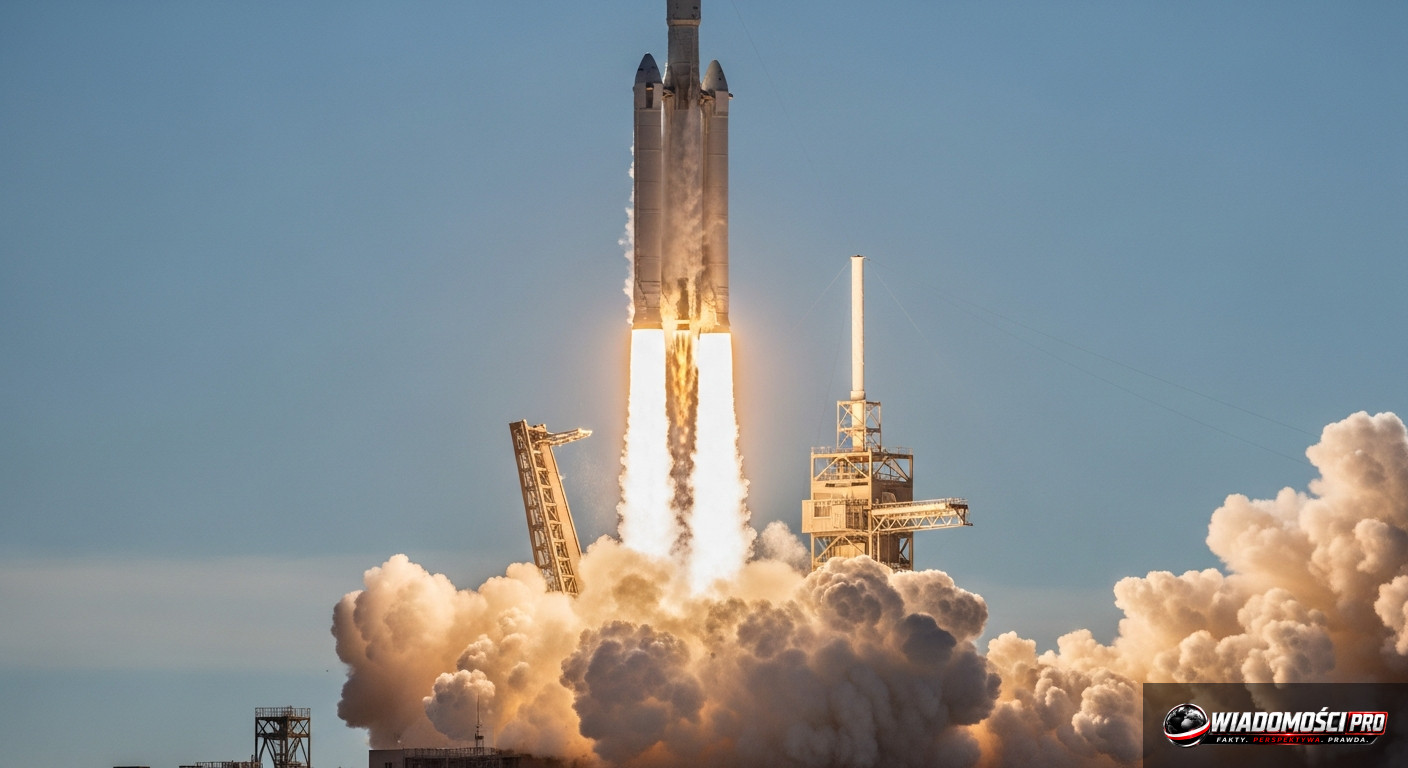 The Falcon Heavy rocket rising into the air during launch.