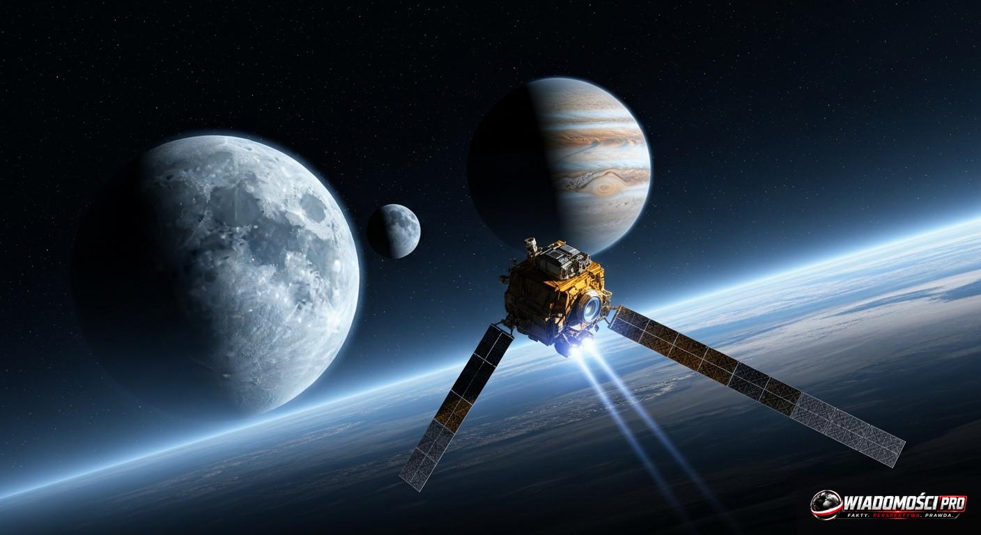 Визуализация зонда Europa Clipper, пролетающего мимо ледяного спутника.