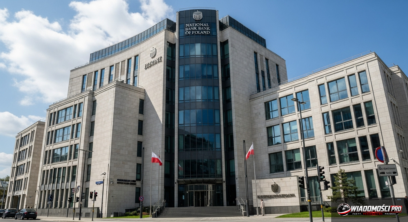 Budynek Narodowego Banku Polskiego w Warszawie podczas konferencji prasowej.