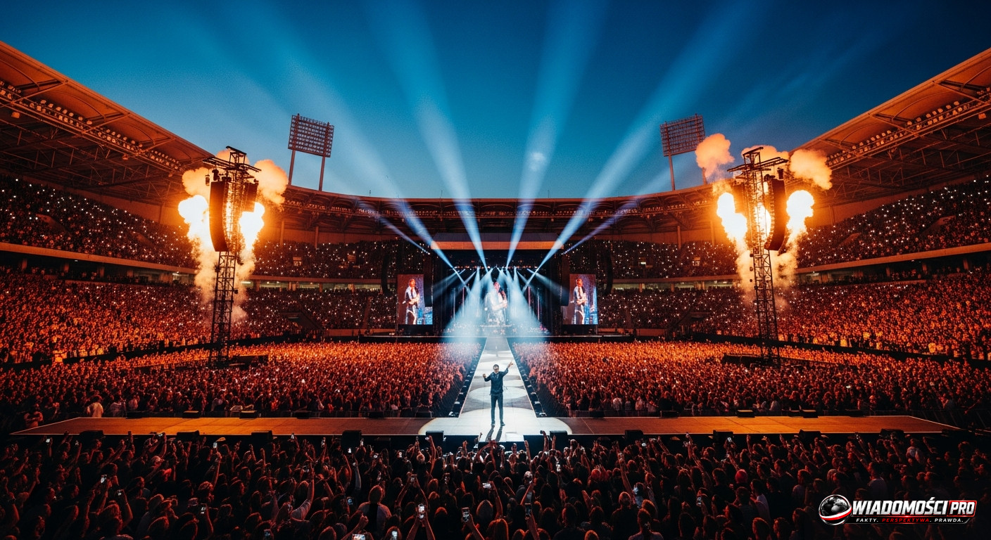 Dawid Podsiadło during a stadium performance, view of a huge audience.