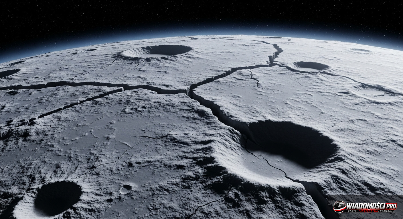 The moon Europa seen from the perspective of a space probe.