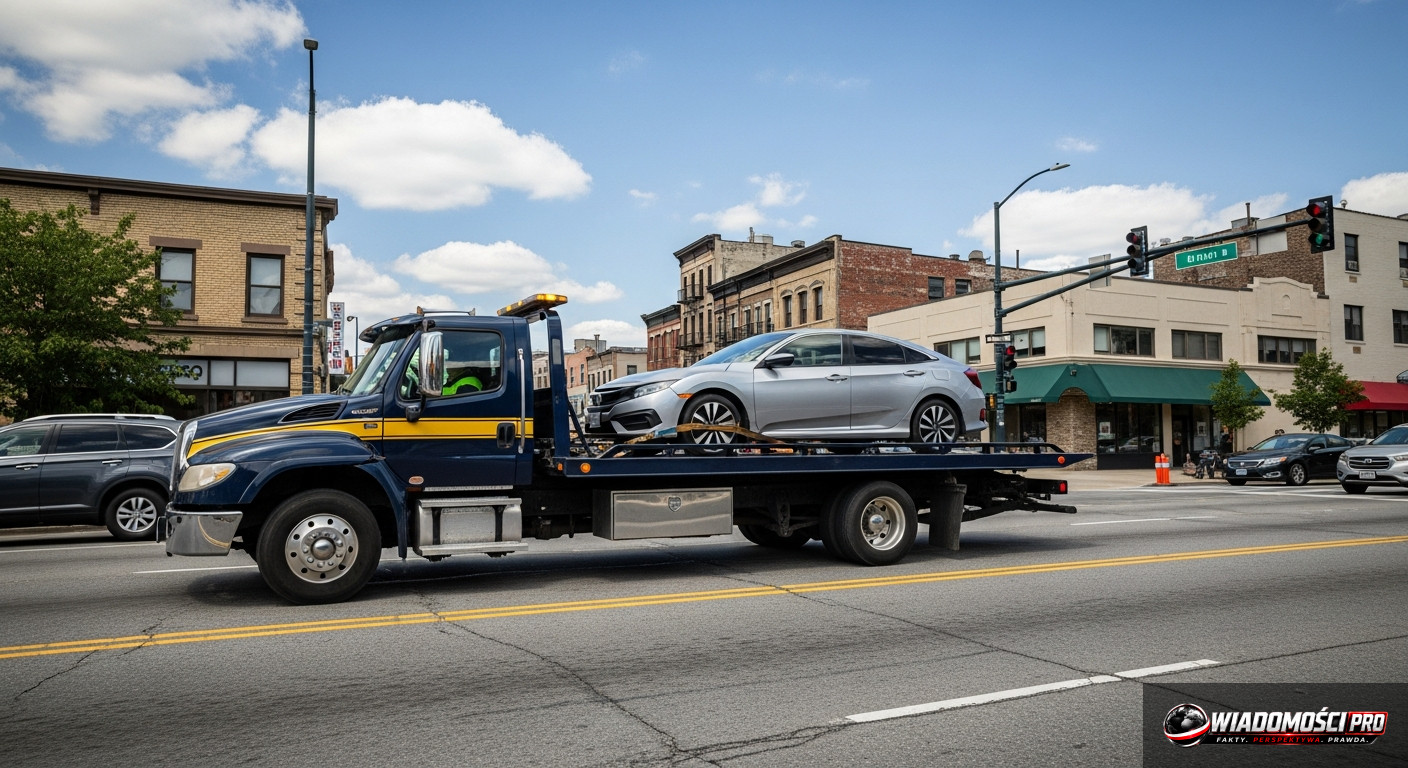 Евакуатор перевозить неправильно припаркований легковий автомобіль.