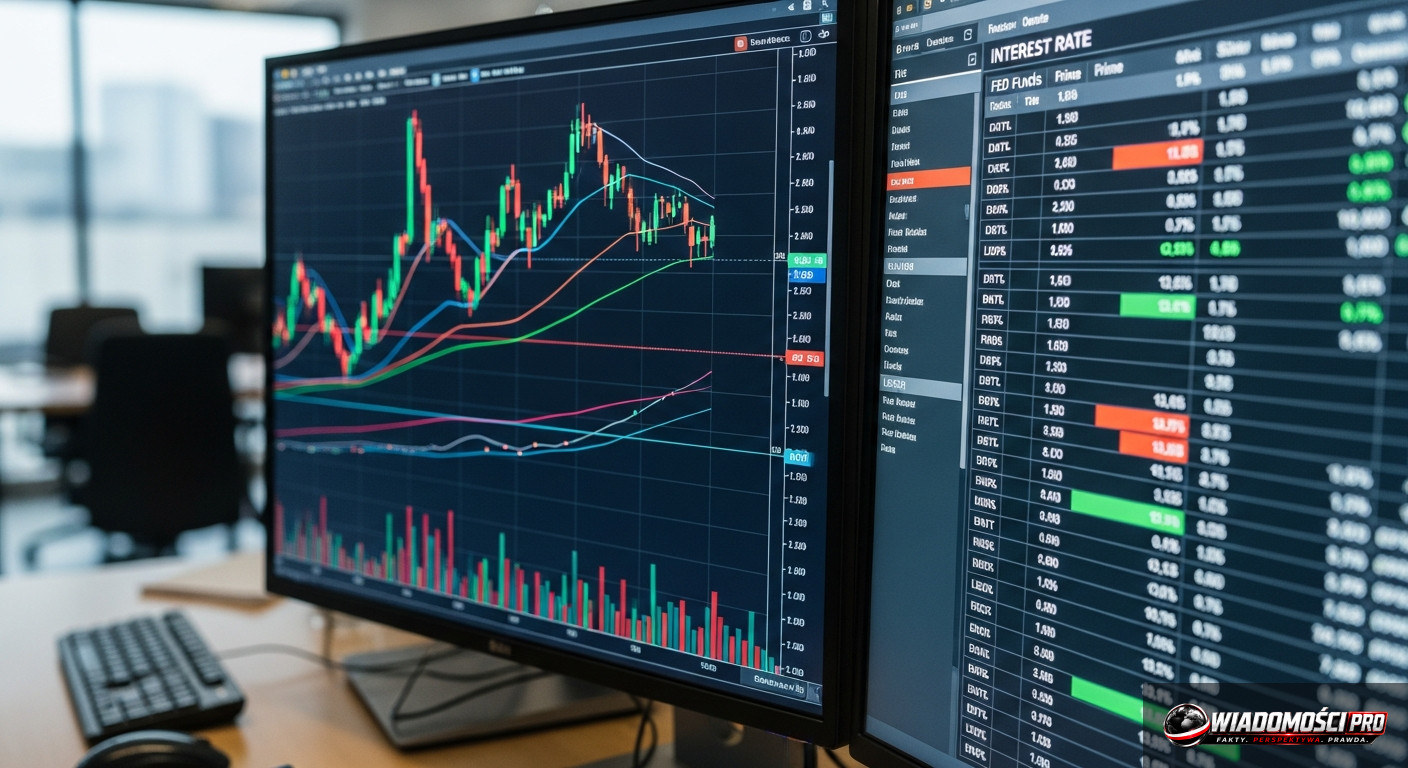 Stock charts on financial terminal screens.