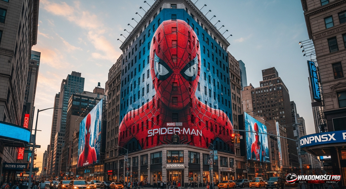 Plakat filmowy Spider-Mana na fasadzie budynku.