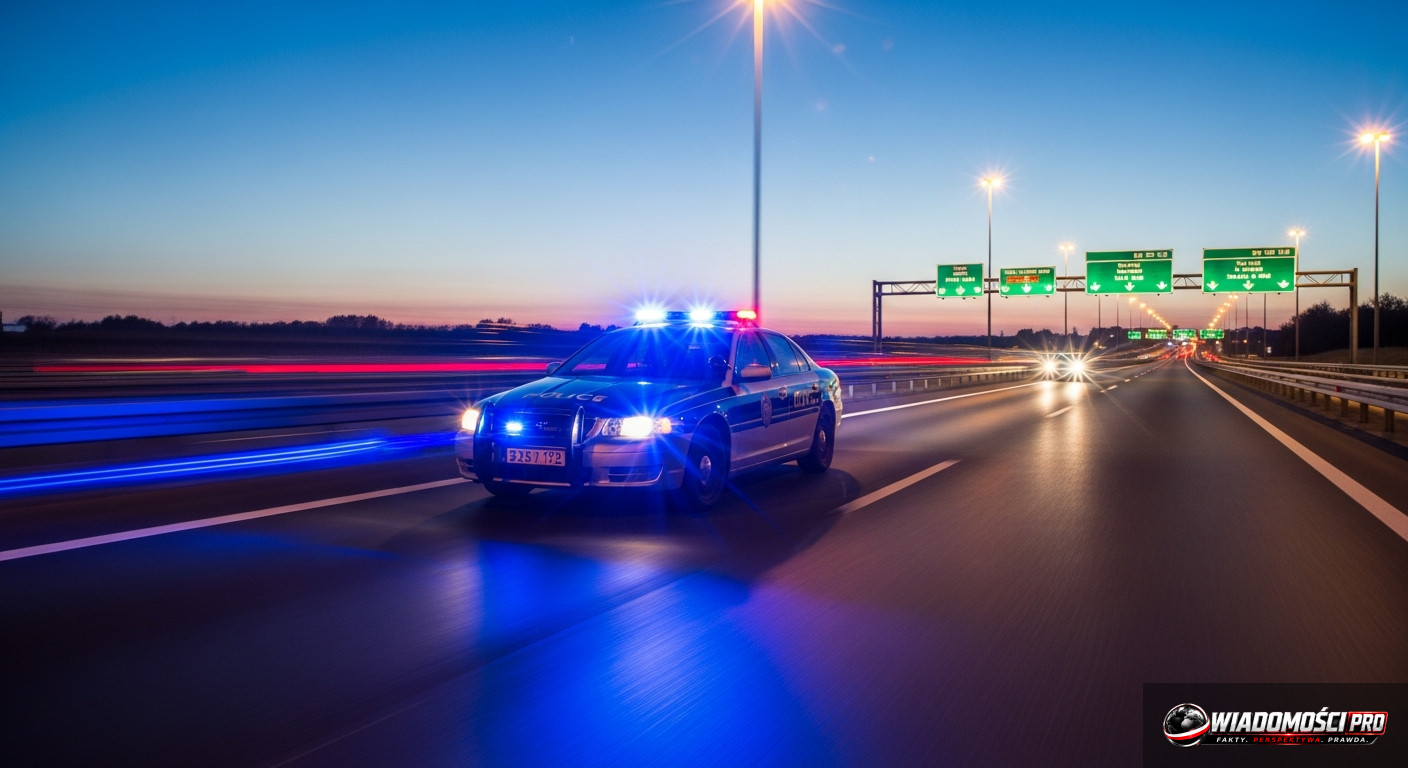 Police car with a video recorder patrolling an expressway.