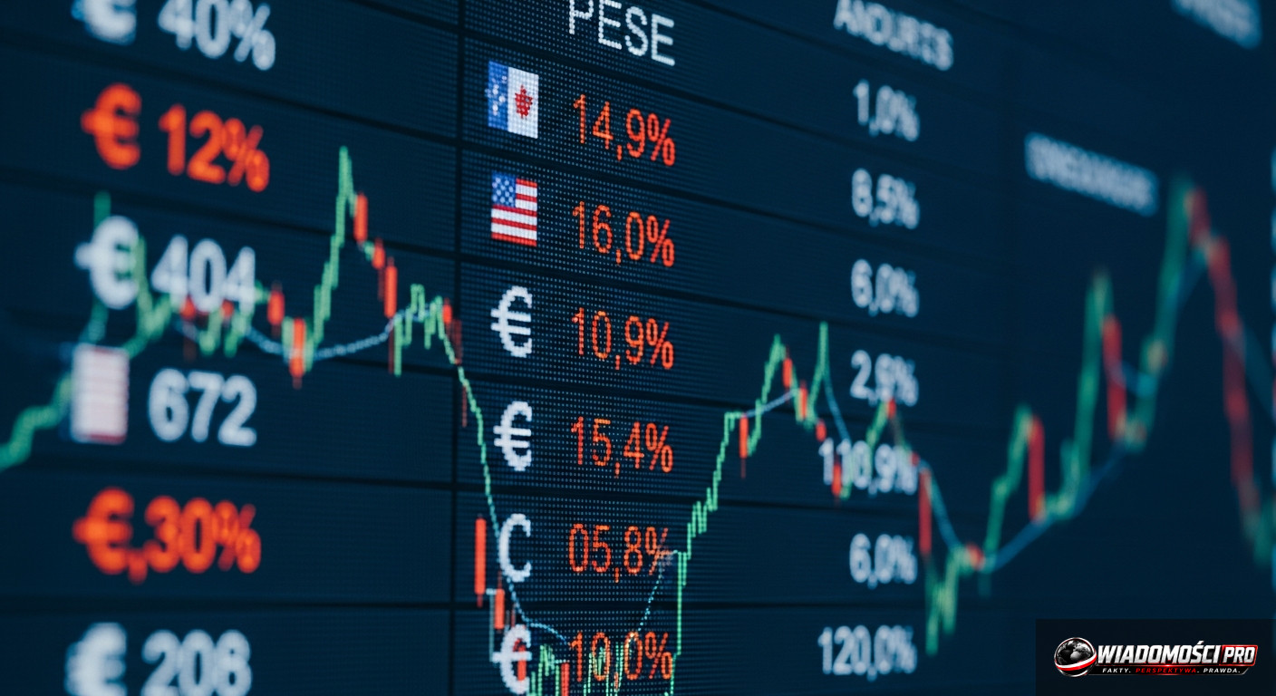 Board with stock quotes and currency exchange rates.