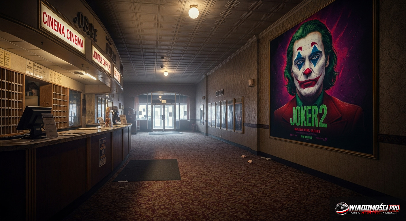 Cinema entrance with a Joker poster, empty ticket booth in the background.