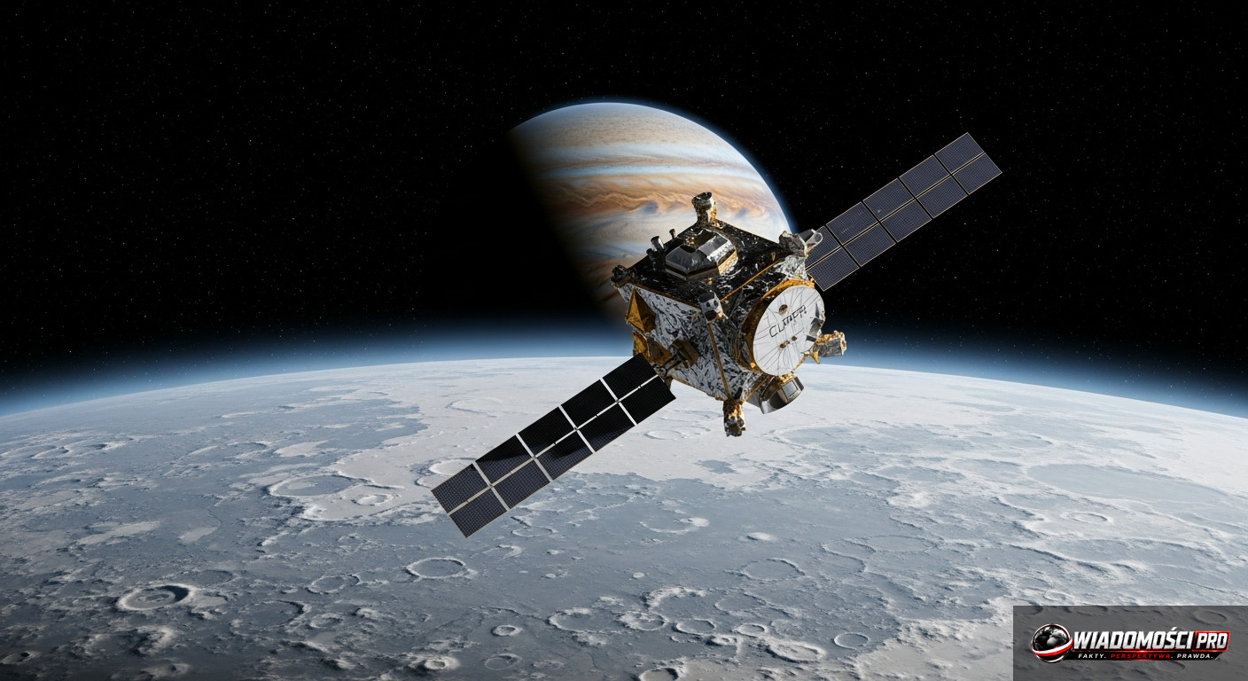 Художественное видение зонда Europa Clipper, пролетающего мимо спутника Юпитера.