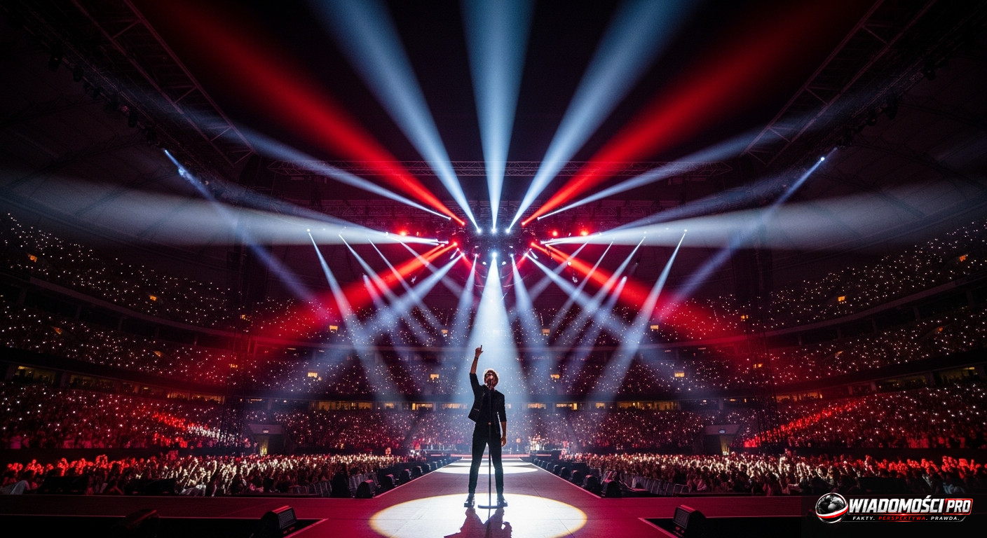 Dawid Podsiadło during a performance at a stadium in 2024.