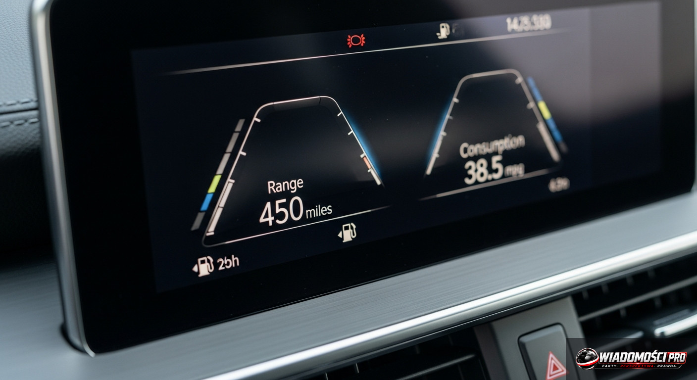 Close-up of the dashboard indicating an extremely high range.