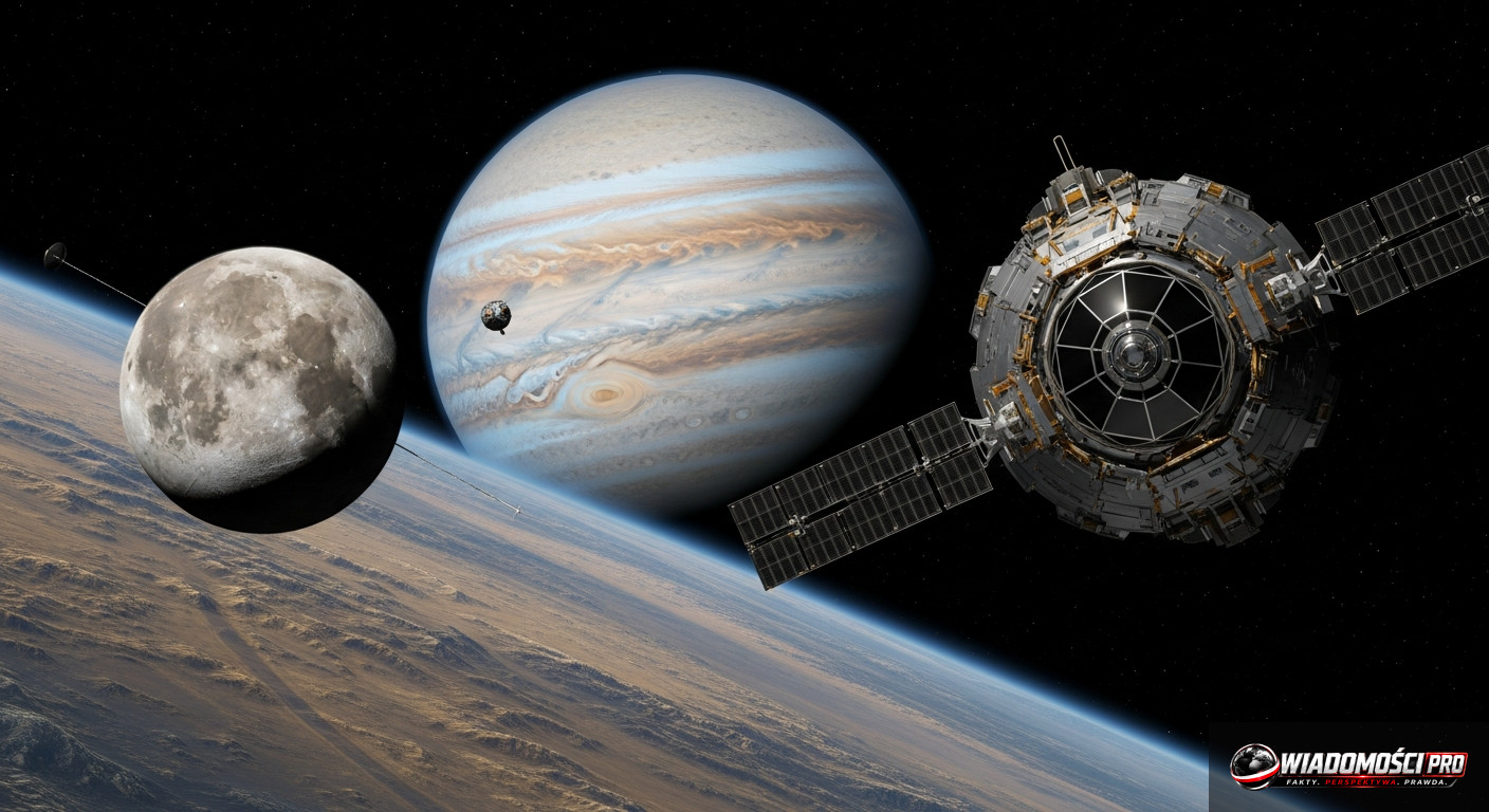Визуализация зонда Europa Clipper во время пролета мимо ледяного спутника.